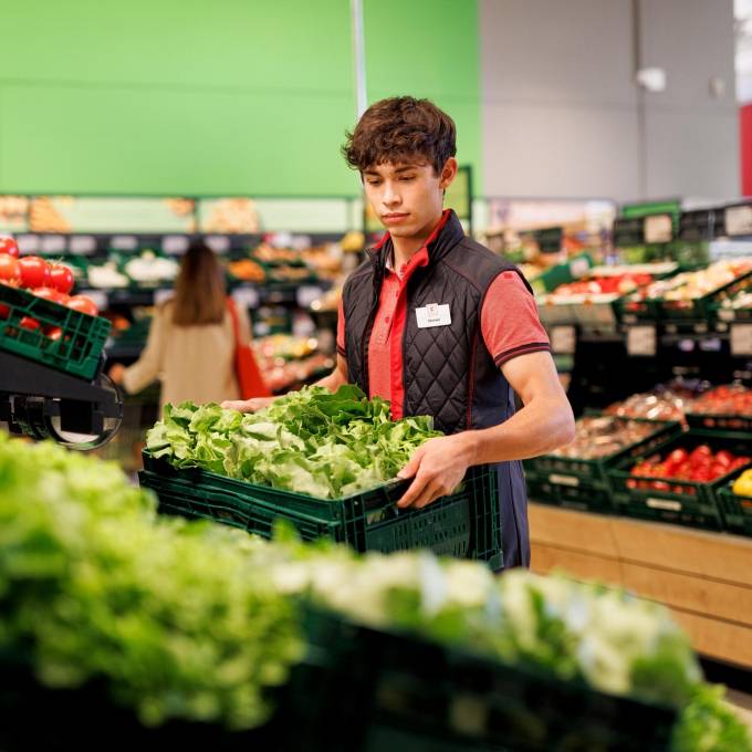 Obst- und Gemüsebereich einer Kaufland-Filiale: Junger Verkaufsmitarbeiter verräumt eine Box mit Salat.